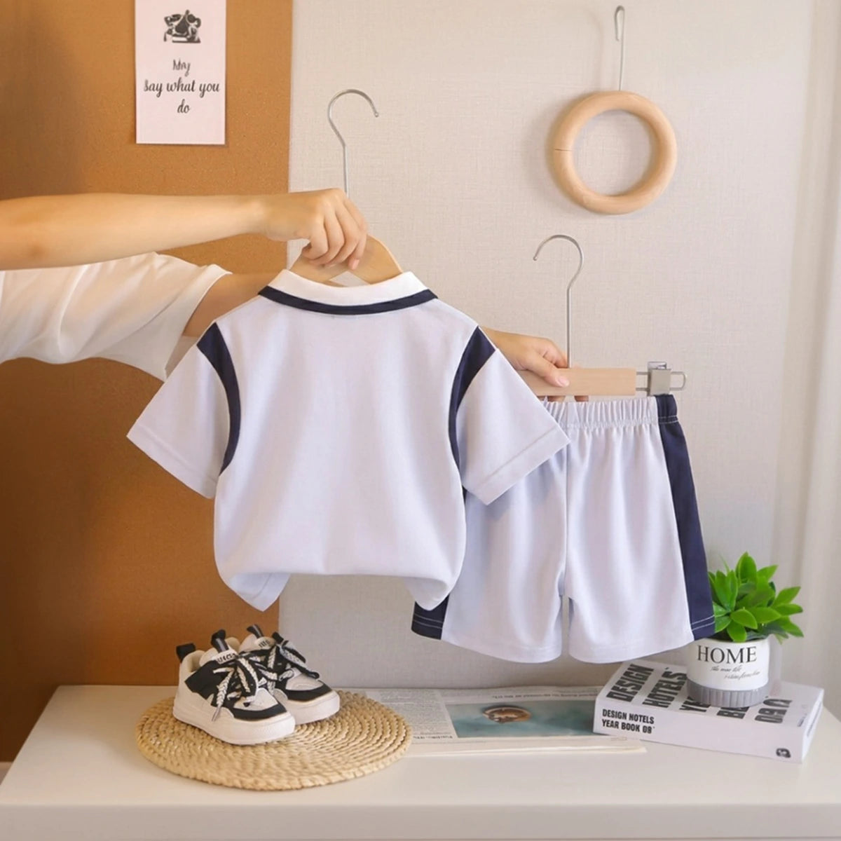 Boys Purple Printed Short Sleeve Polo T-Shirt With Elasticated Shorts Sets 2 pc. Sets