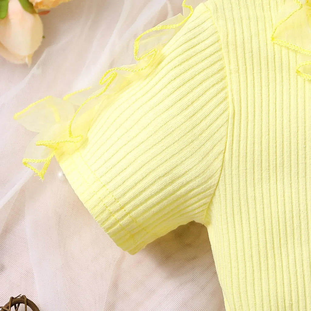 Girls Yellow Ribbed One Shoulder Top With Pleated Skirt Sets 2 pc. Sets