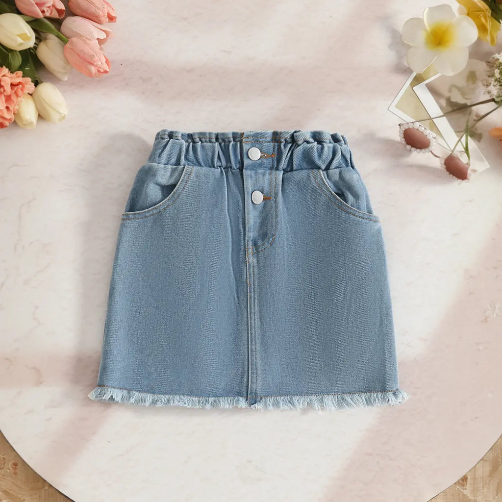 Girls Yellow 3D Flower Applique Embellished Top With Denim Skirt Sets Sets