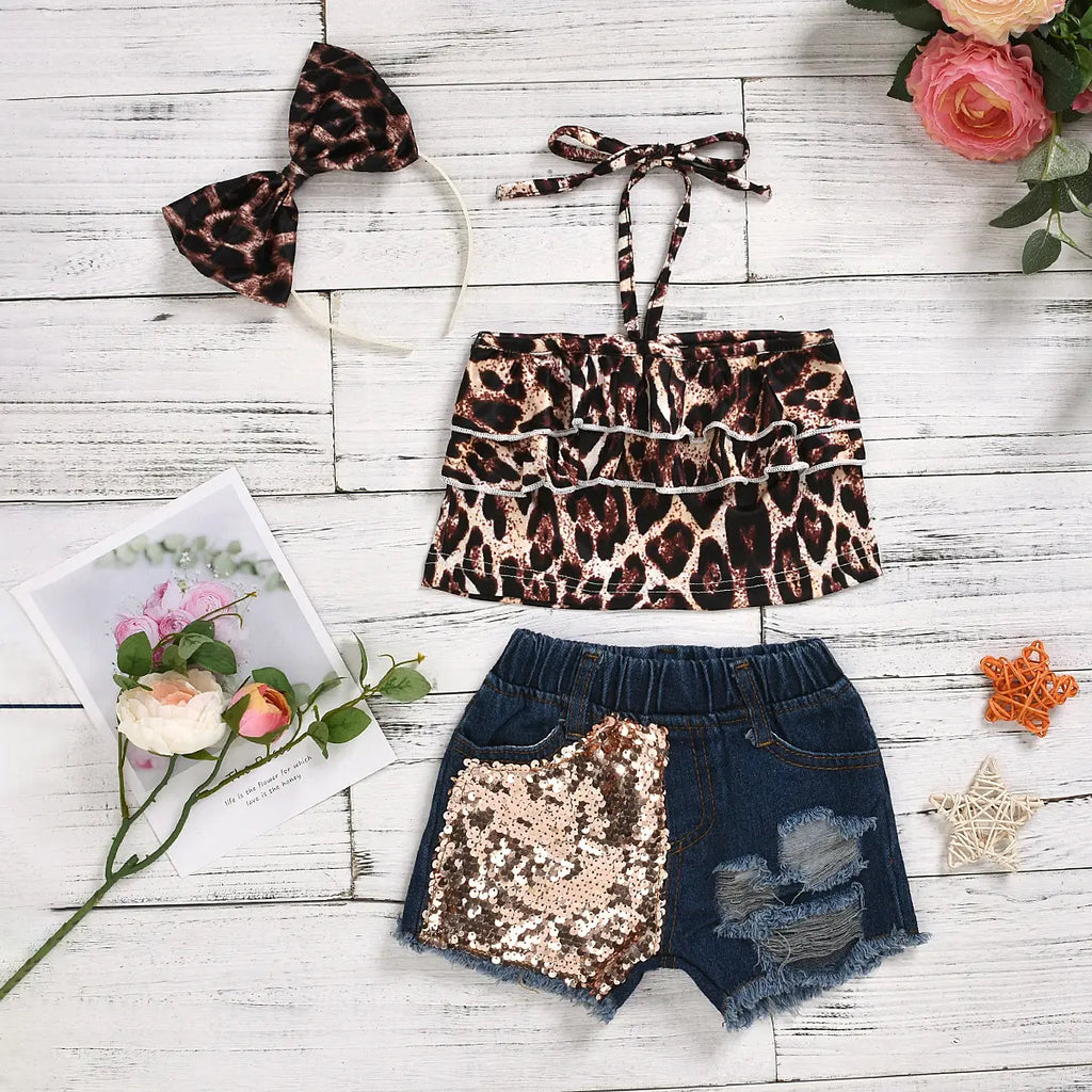 Girls Black Leopard Print Ruffle Halter Crop Top With Sequin Patched Denim Shorts Sets Black 1-2 Y