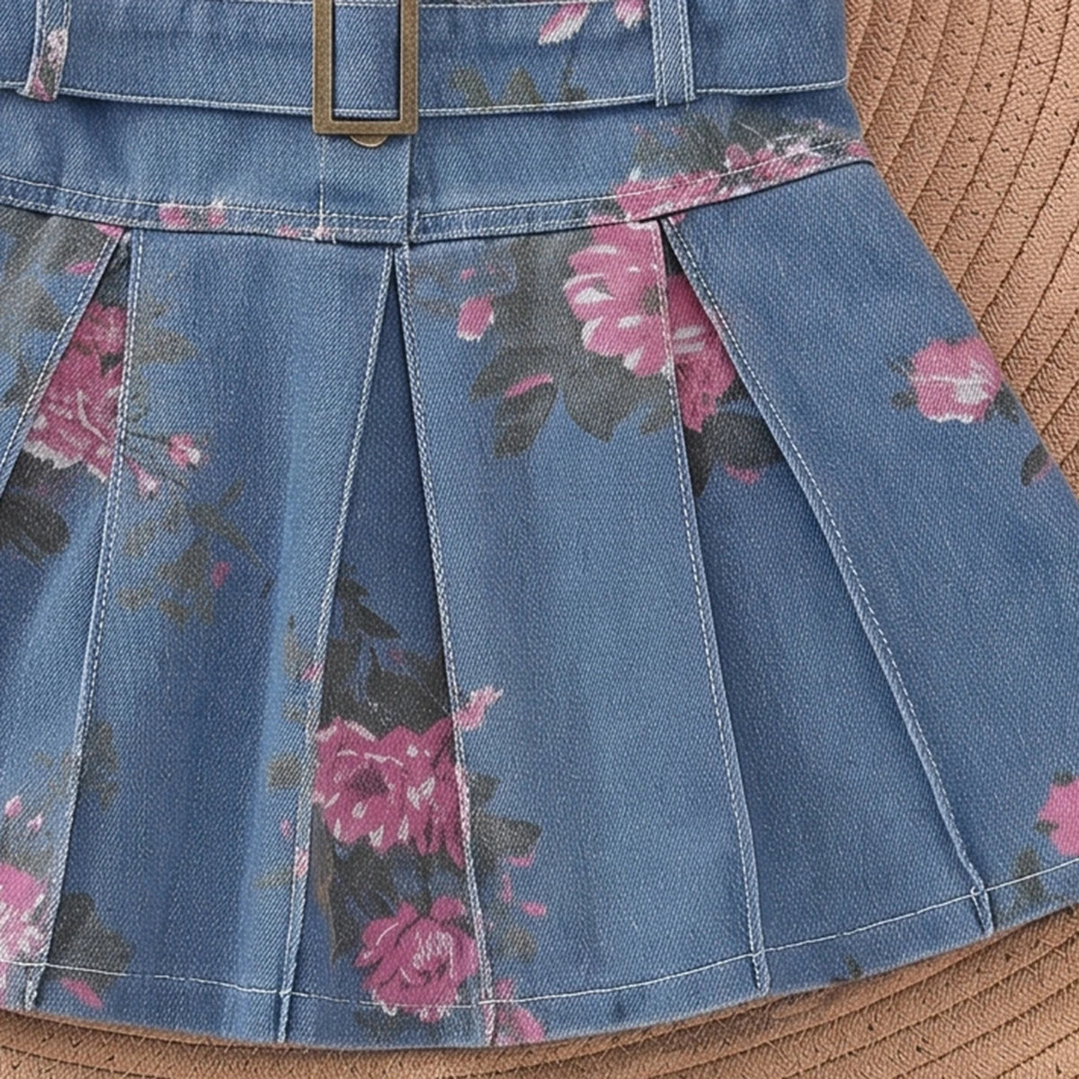 Girls Blue Floral Print Sleeveless Denim Dress Casual Dresses