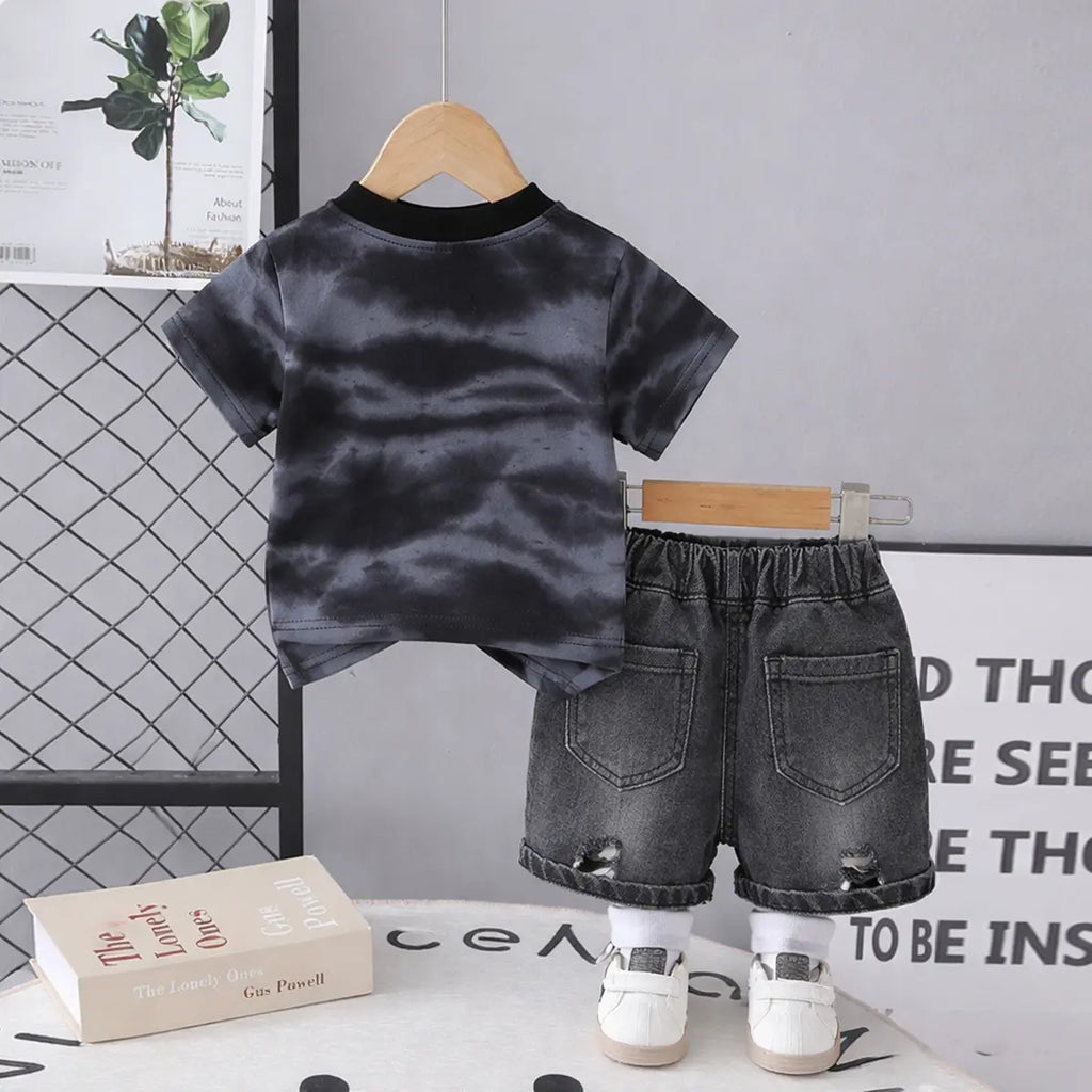 Boys Black Typographic Print T-Shirt With Denim Shorts Sets Sets