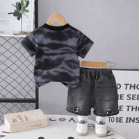 Boys Black Typographic Print T-Shirt With Denim Shorts Sets Sets