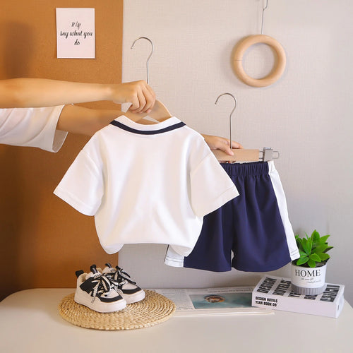 Boys White Printed Short Sleeve Polo T-Shirt With Elasticated Shorts Sets 2 pc. Sets