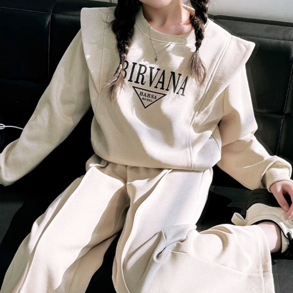 Girls Off White Typographic Printed Sweatshirt With Pants Winter Co-ord Sets 2 pc. Sets