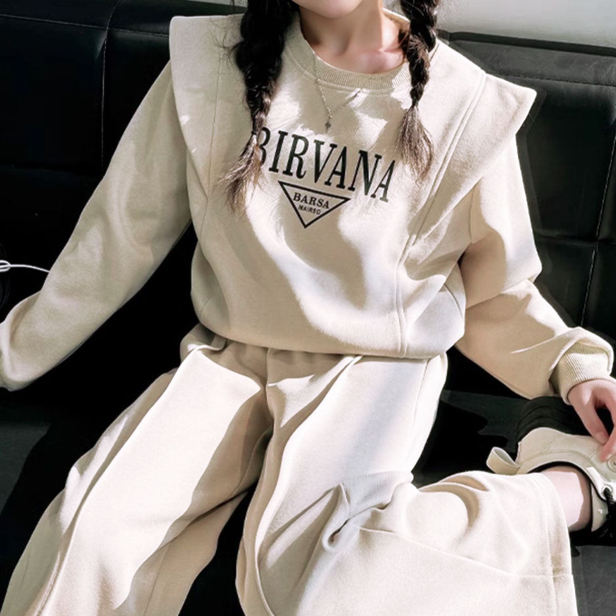 Girls Off White Typographic Printed Sweatshirt With Pants Winter Co-ord Sets 2 pc. Sets