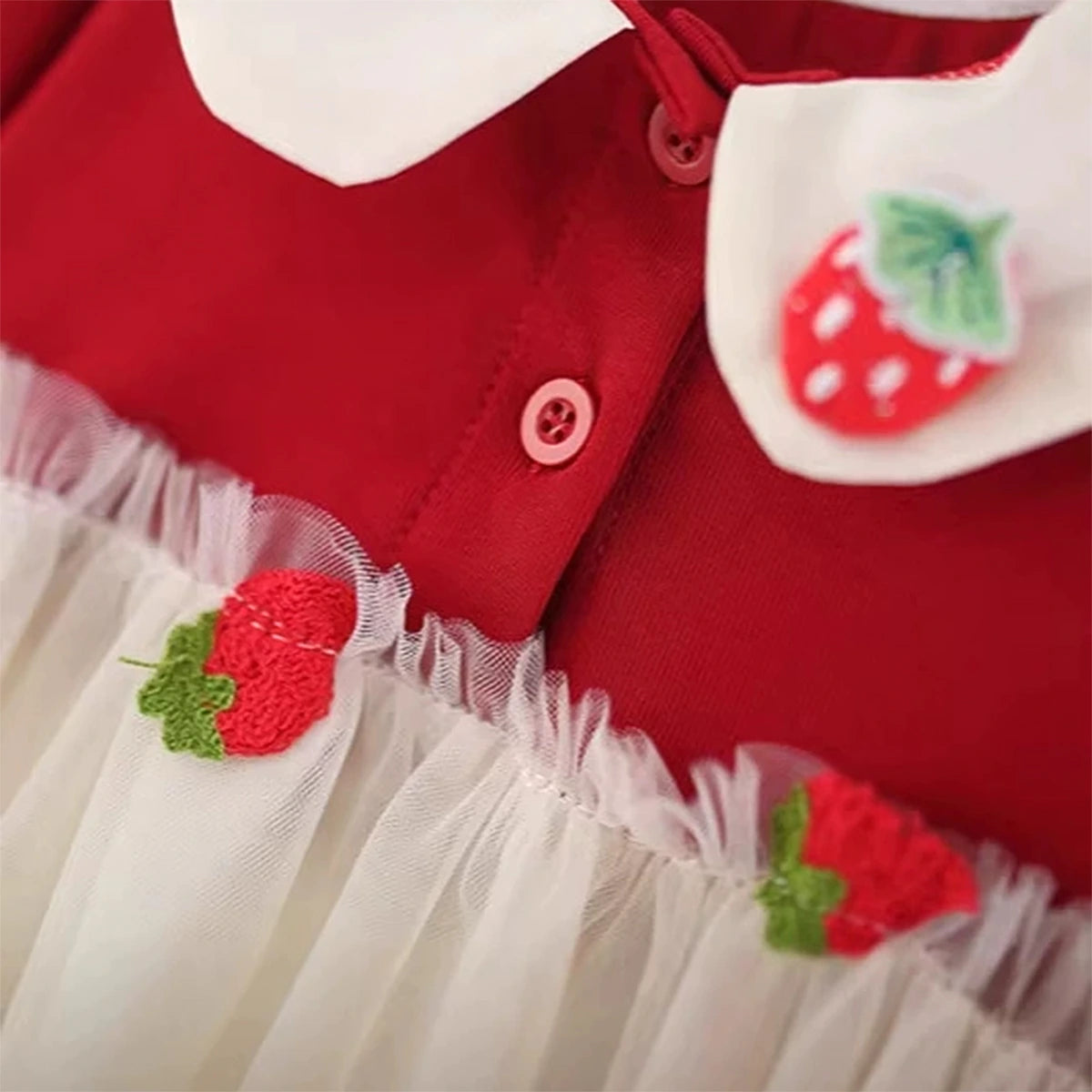 Girls Red Strawberry Embroidered Tulle Overlay Fit & Flare Dress With Puff Sleeves Casual Dresses