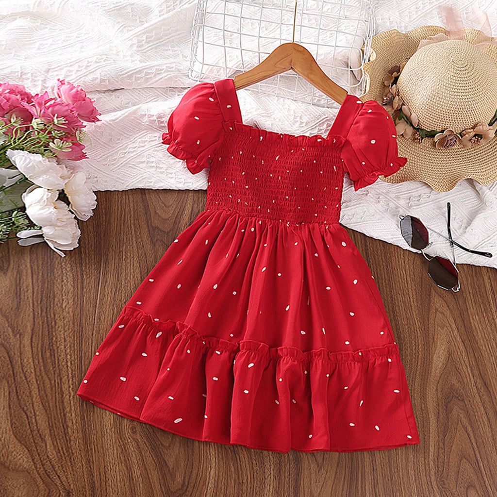 Girls Red Polka Dot Print Smocked Puff Sleeve Fit & Flare Dress Casual Dresses Red 1-2 Y