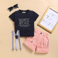 Boys Typographic Printed T-Shirt With Rust Suspender Shorts Set Sets Rust 9-12 M