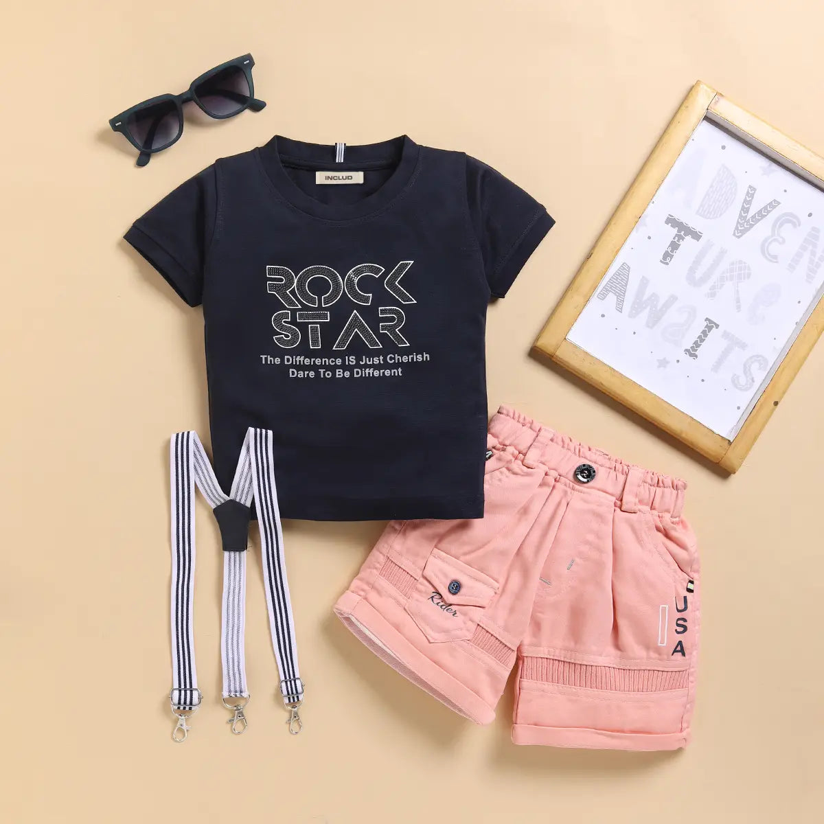 Boys Typographic Printed T-Shirt With Rust Suspender Shorts Set Sets Rust 9-12 M