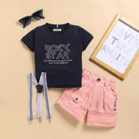 Boys Typographic Printed T-Shirt With Rust Suspender Shorts Set Sets Rust 9-12 M