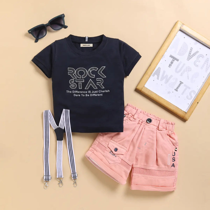 Boys Typographic Printed T-Shirt With Rust Suspender Shorts Set Sets Rust 9-12 M