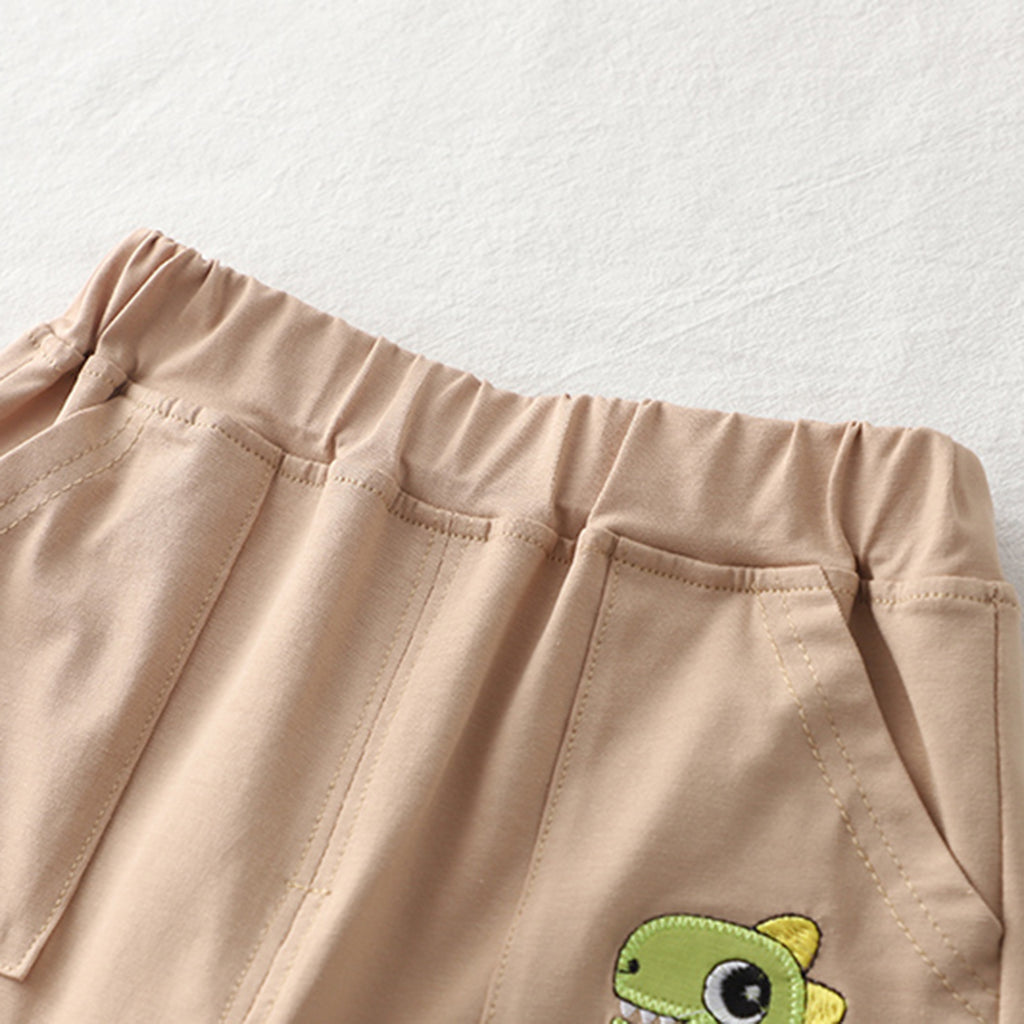 Boys Beige Dino Patchwork Raglan Sleeve T-shirt with Shorts Set Sets
