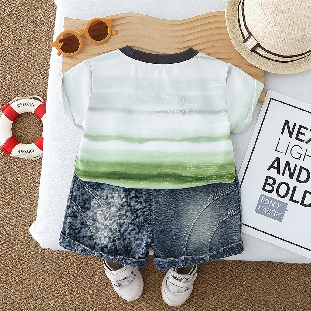 Boys Green Typographic Print T-Shirt With Denim Shorts Set Sets