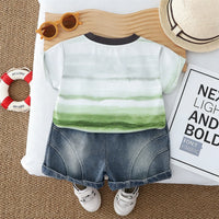 Boys Green Typographic Print T-Shirt With Denim Shorts Set Sets