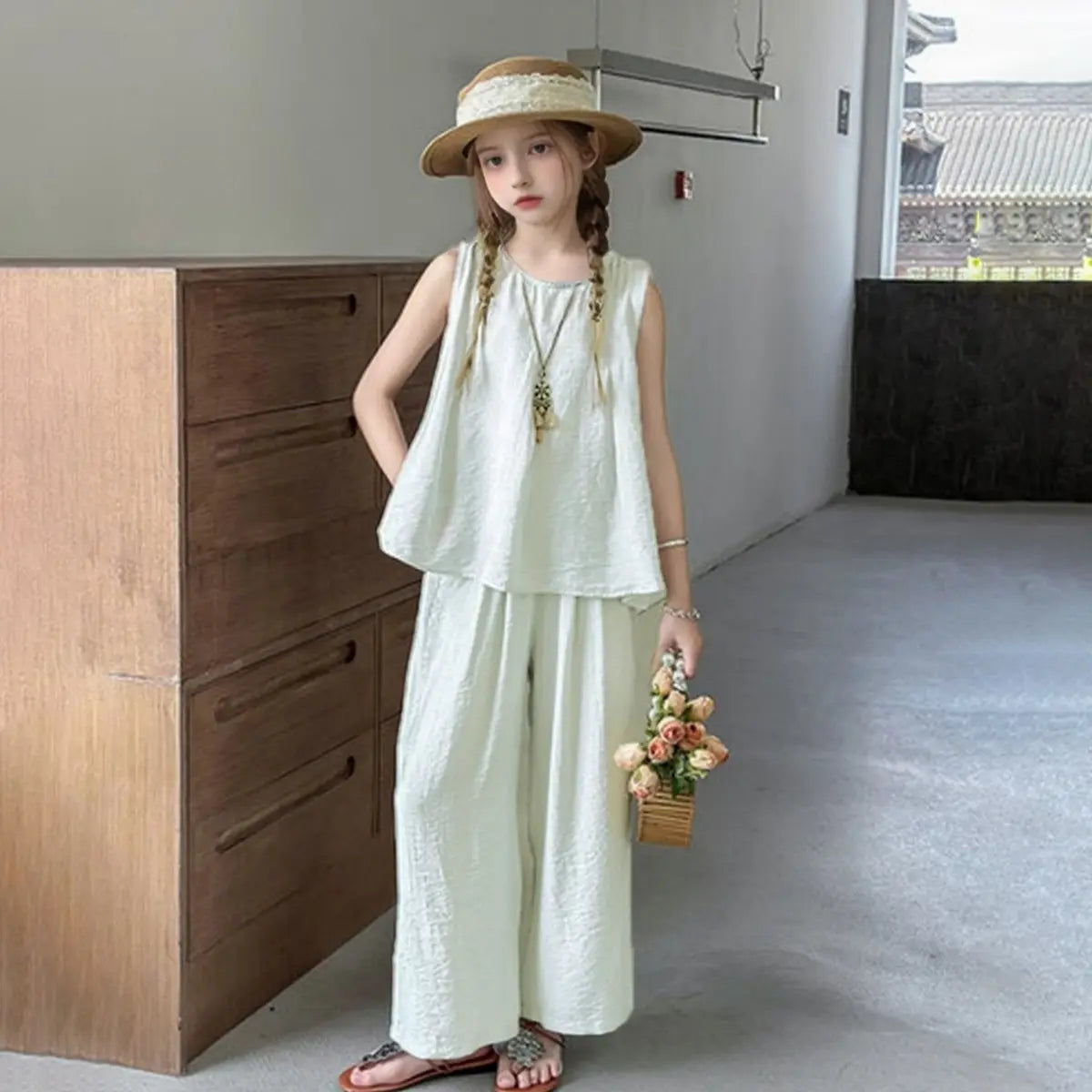 Girls Beige Sleeveless A-line Top With Pants Co-ord Sets Sets Beige 5-6 Y
