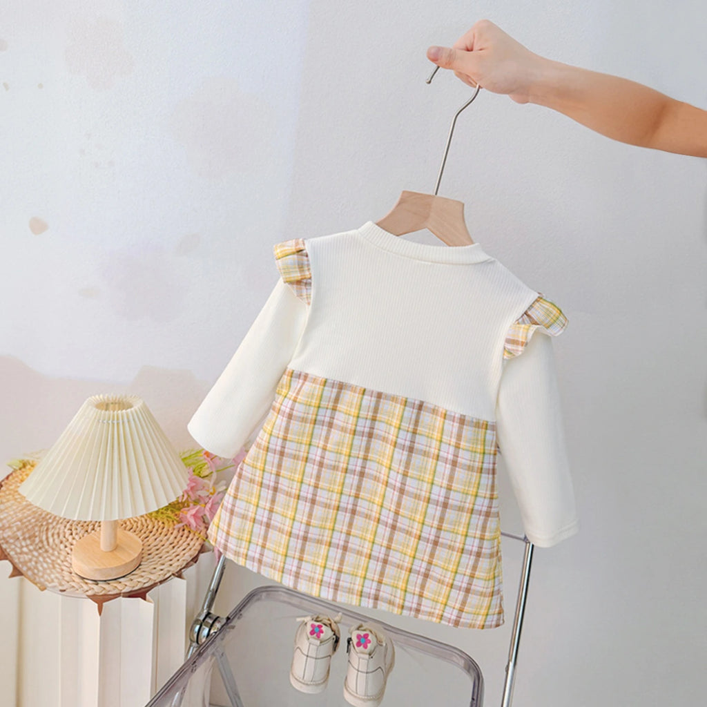 Girls Yellow Checked Bunny Applique Round Neck Pinafore Dress Casual Dresses