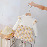 Girls Yellow Checked Bunny Applique Round Neck Pinafore Dress Casual Dresses