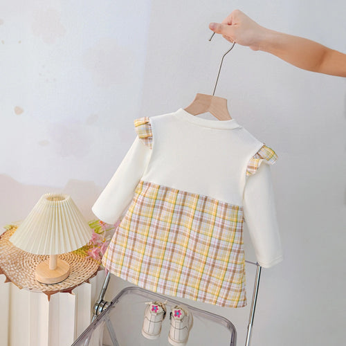 Girls Yellow Checked Bunny Applique Round Neck Pinafore Dress Casual Dresses
