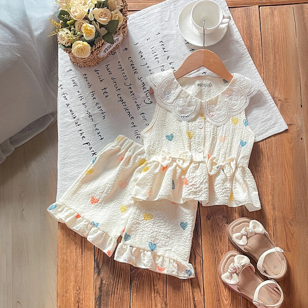 Girls Cream Heart Printed Sleeveless Top With Elasticated Shorts Sets 2 pc. Sets Cream 3-4 Y