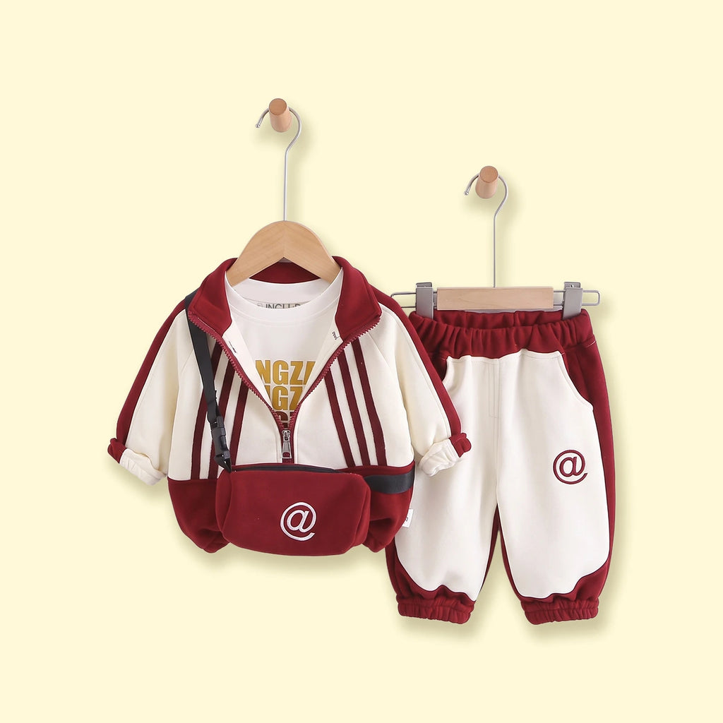 Boys Maroon Striped Jacket & Joggers With T-Shirt Sets 3 pc. Sets Maroon 1-2 Y