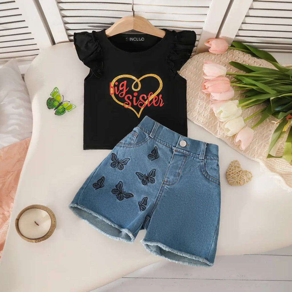 Girls Black Graphics Top With Embroidered Denim Shorts Set Sets Black 2-3 Y