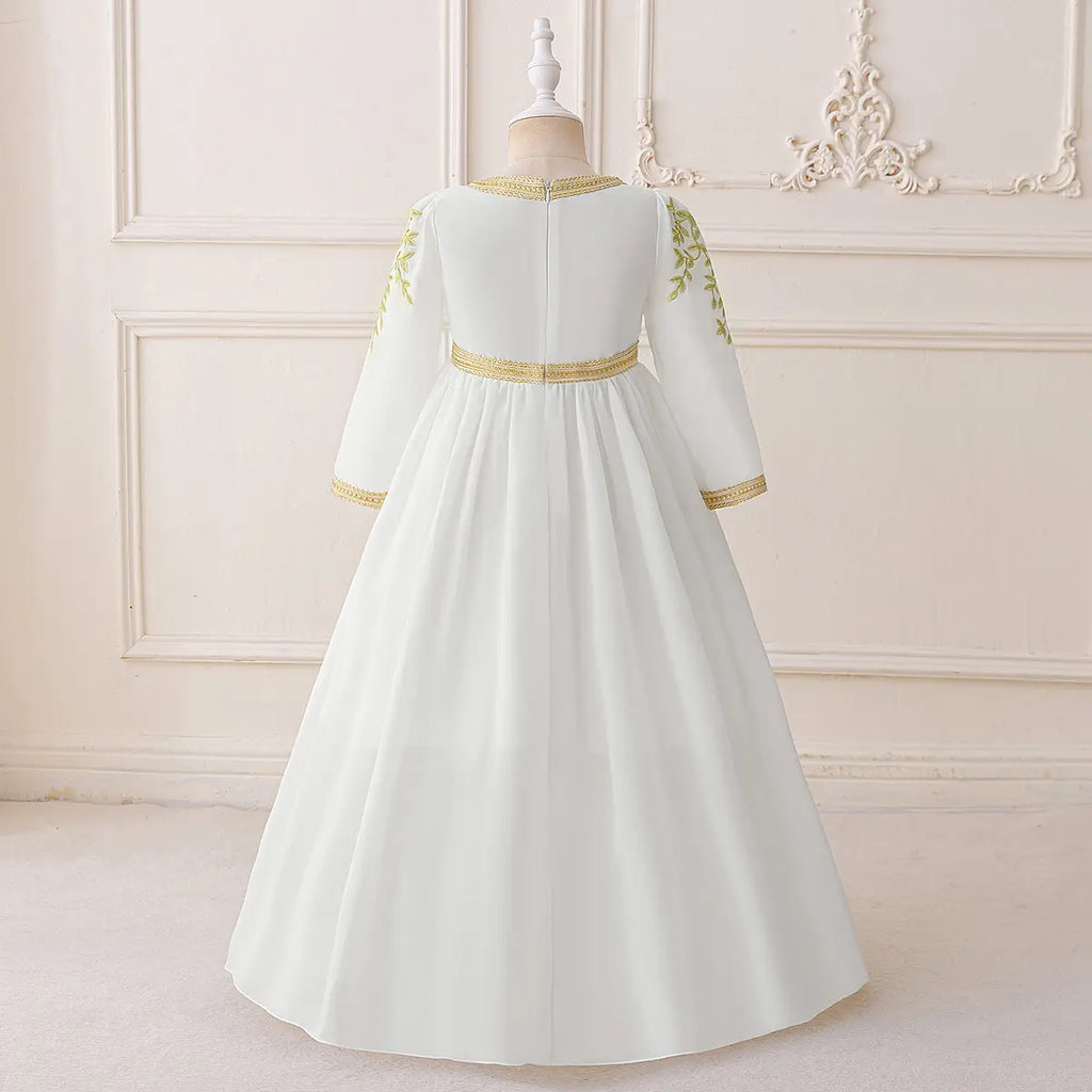 Girls White Embroidered Maxi Dress With Long Sleeves Casual Dresses