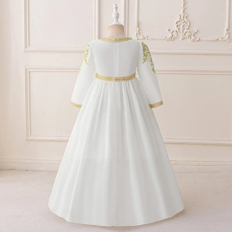 Girls White Embroidered Maxi Dress With Long Sleeves Casual Dresses