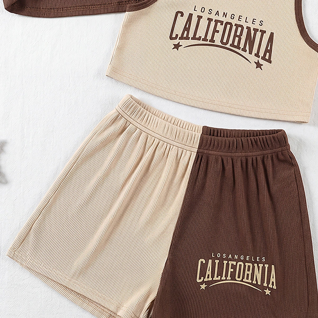 Girls Brown Typography Print Vest With Ribbed Top And Shorts Sets 3 pc. Sets