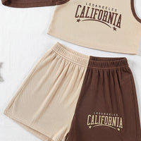 Girls Brown Typography Print Vest With Ribbed Top And Shorts Sets 3 pc. Sets