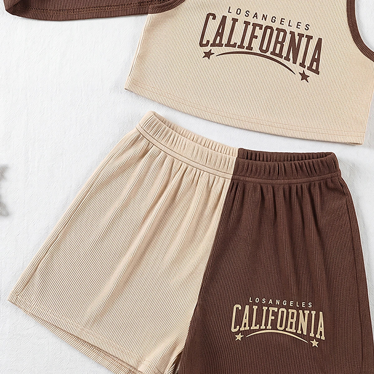 Girls Brown Typography Print Vest With Ribbed Top And Shorts Sets 3 pc. Sets