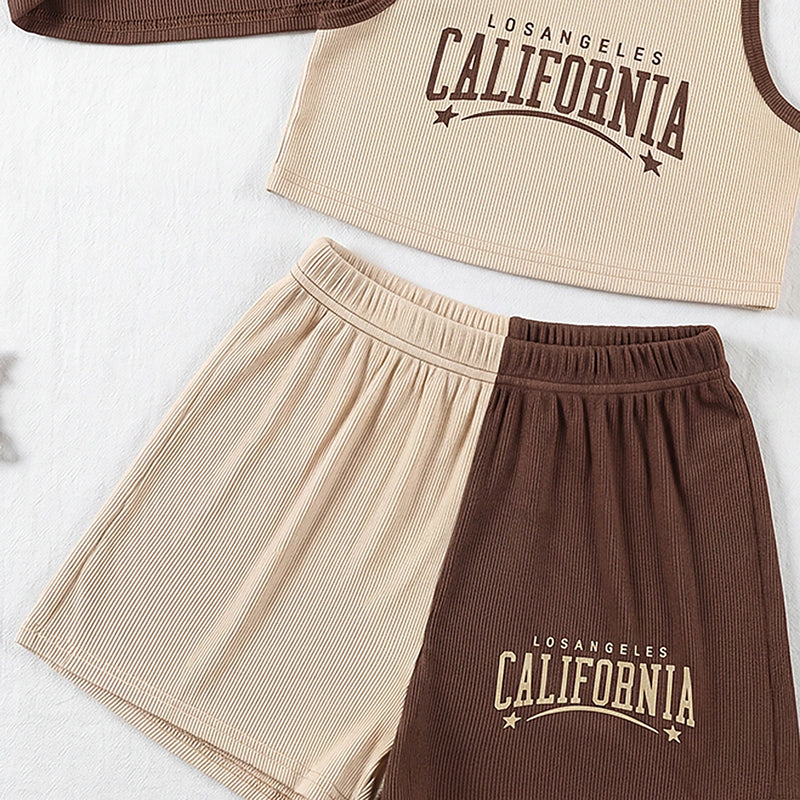 Girls Brown Typography Print Vest With Ribbed Top And Shorts Sets 3 pc. Sets