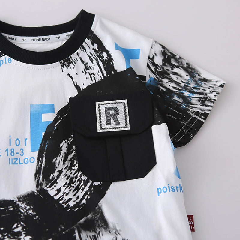Boys Black Abstract Print Short Sleeves T-Shirt With Denim Shorts Set Sets