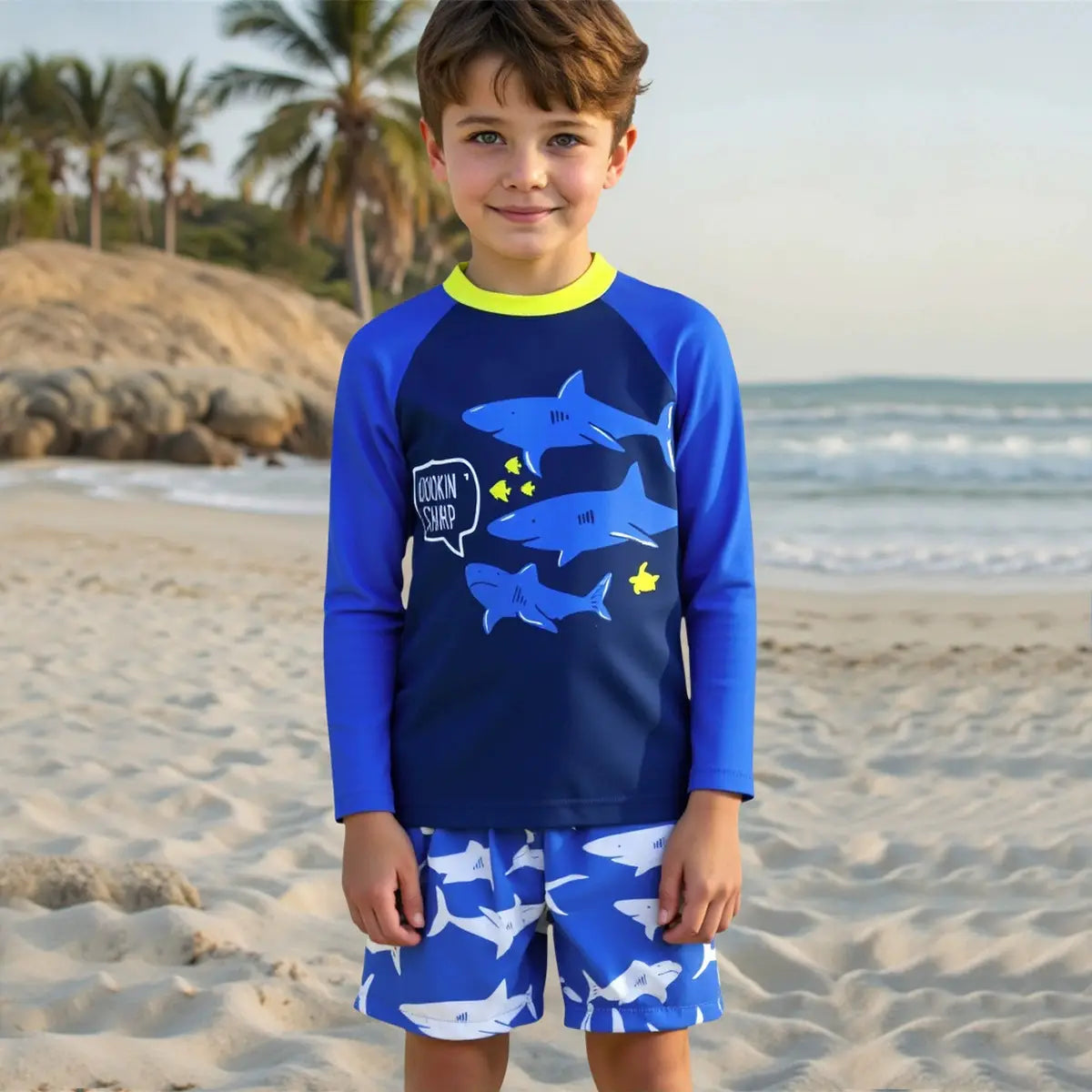 Boys Blue Fish Printed Long Sleeves T-Shirt & Shorts Swimsuit Sets Sets