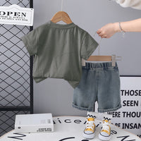 Boys Grey Short Sleeve Printed T-Shirt With Neck Chain And Denim Shorts Set 3 pc. Sets