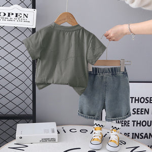 Boys Grey Short Sleeve Printed T-Shirt With Neck Chain And Denim Shorts Set 3 pc. Sets