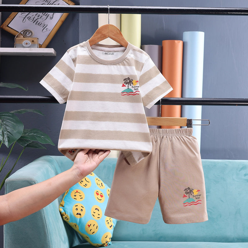 Boys Khaki Tropical Palm Print T-Shirt With Shorts Sets 2 pc. Sets Khaki 1-2 Y