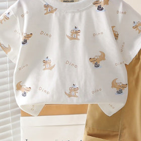 Boys Dino Printed Short Sleeves T-Shirt With Khaki Shorts Set 2 pc. Sets