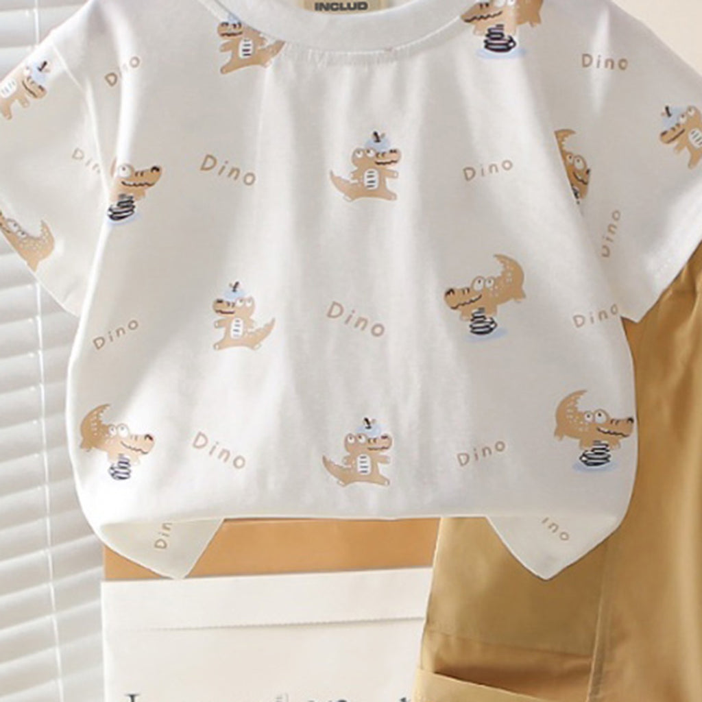 Boys Dino Printed Short Sleeves T-Shirt With Khaki Shorts Set 2 pc. Sets