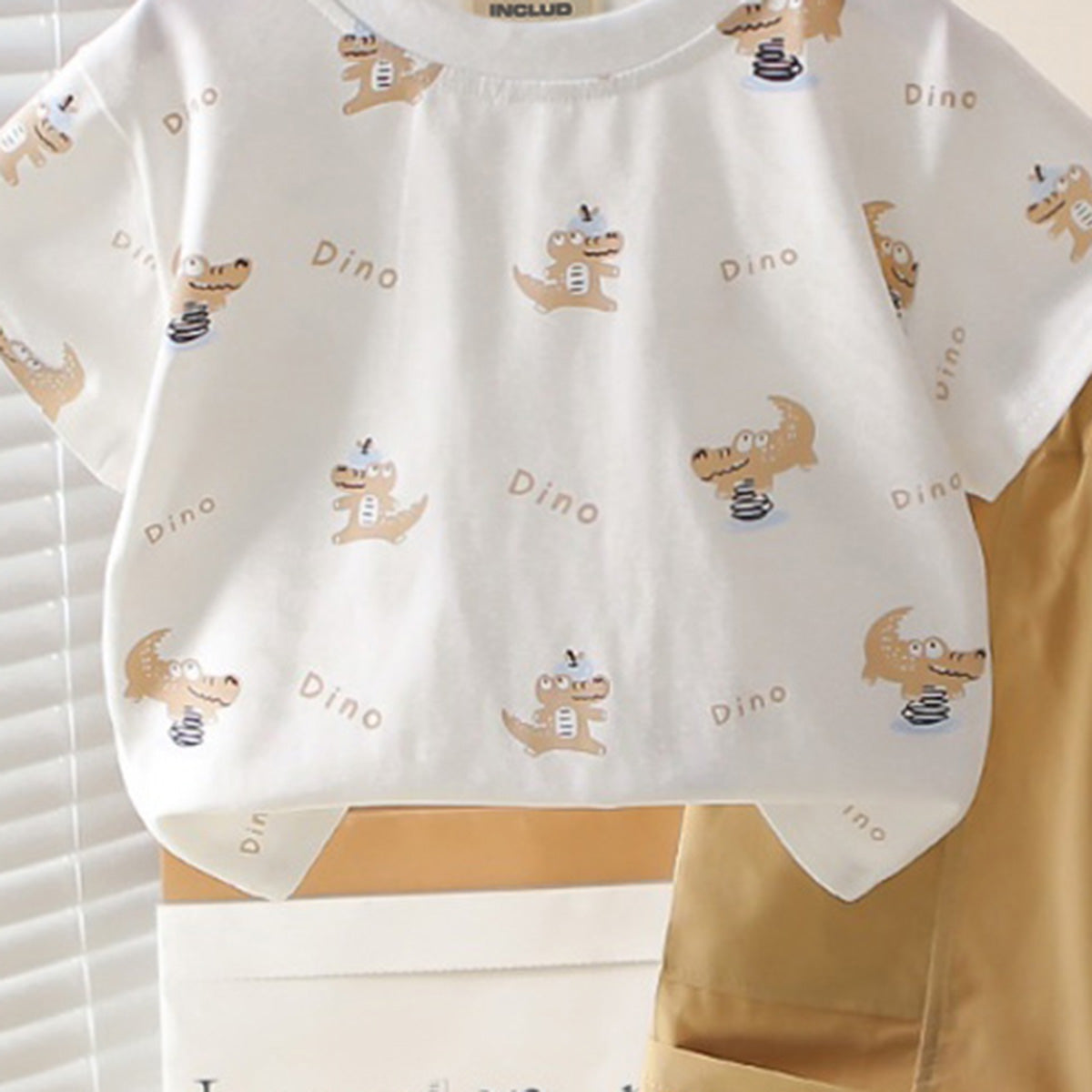 Boys Dino Printed Short Sleeves T-Shirt With Khaki Shorts Set 2 pc. Sets