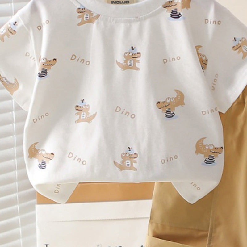 Boys Dino Printed Short Sleeves T-Shirt With Khaki Shorts Set 2 pc. Sets