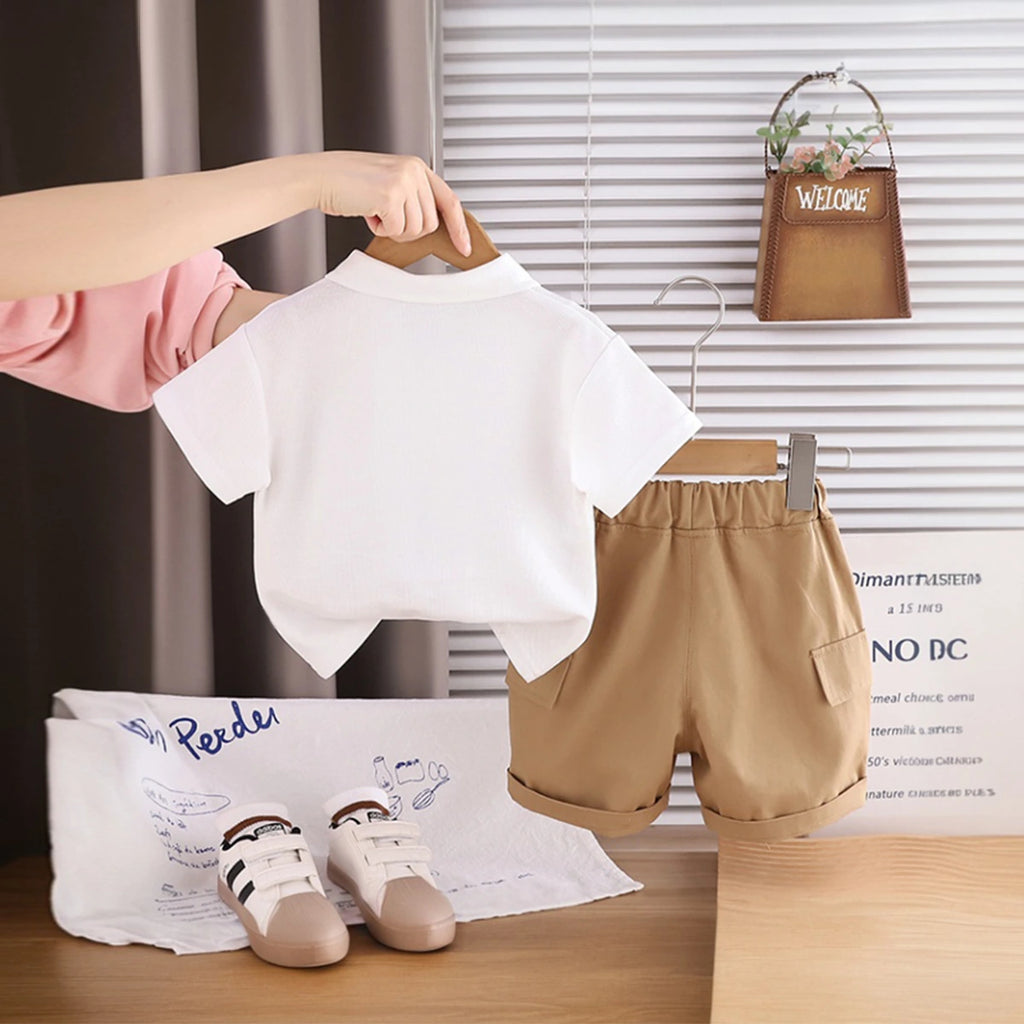 Boys White Animal Applique Short Sleeve Polo T-Shirt With Elasticated Shorts Sets 2 pc. Sets