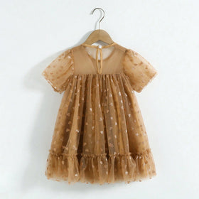 Girls Khaki Heart Print A-line Dress With Ruffle Hem Casual Dresses