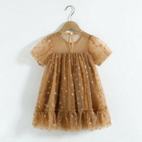 Girls Khaki Heart Print A-line Dress With Ruffle Hem Casual Dresses