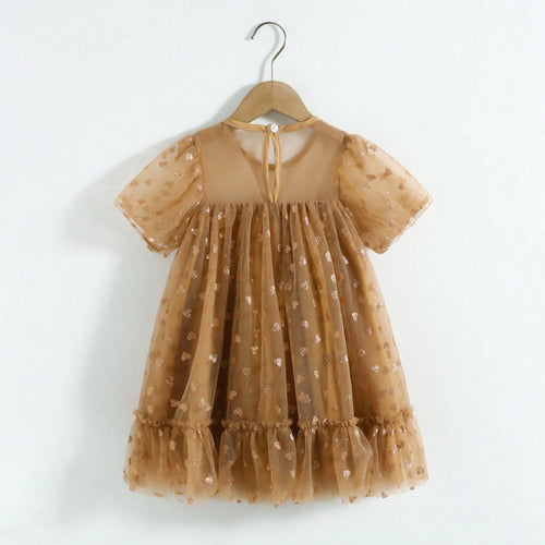Girls Khaki Heart Print A-line Dress With Ruffle Hem Casual Dresses