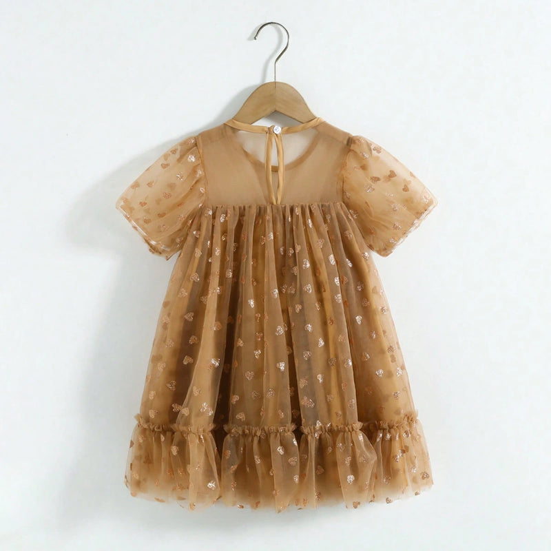Girls Khaki Heart Print A-line Dress With Ruffle Hem Casual Dresses
