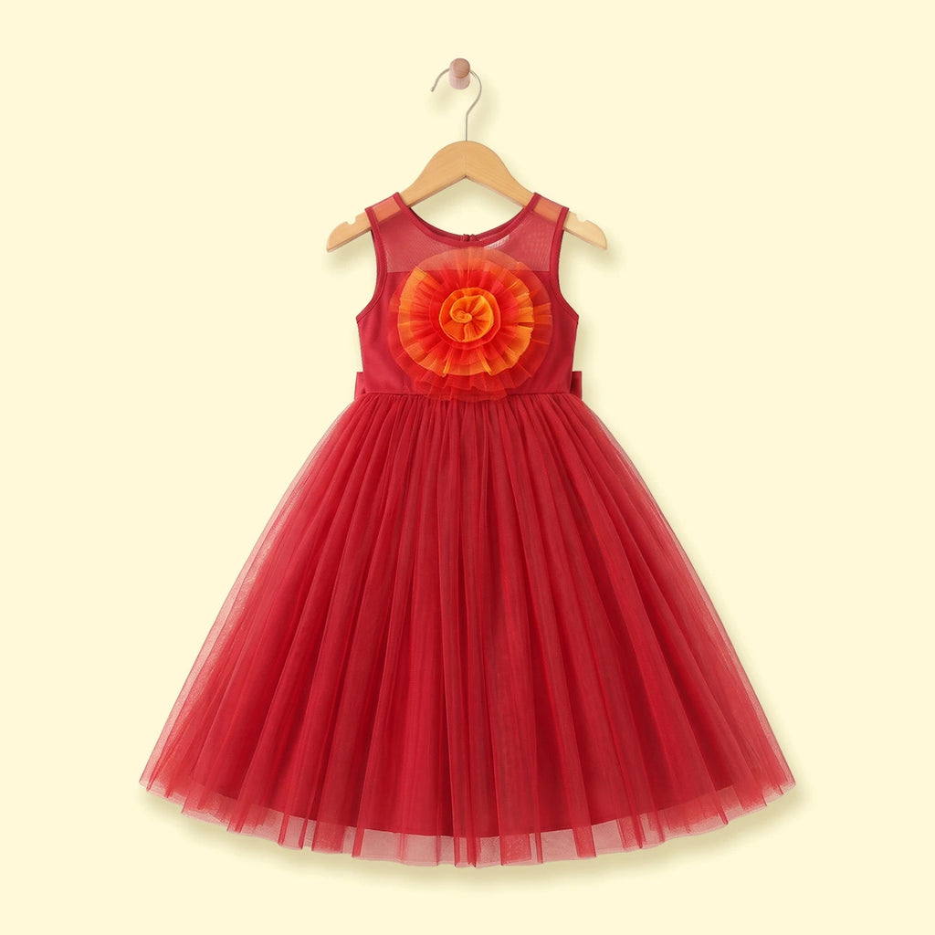 Girls red sleeveless party gown with tulle skirt and applique