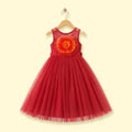 Girls red sleeveless party gown with tulle skirt and applique