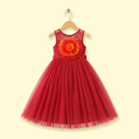 Girls red sleeveless party gown with tulle skirt and applique