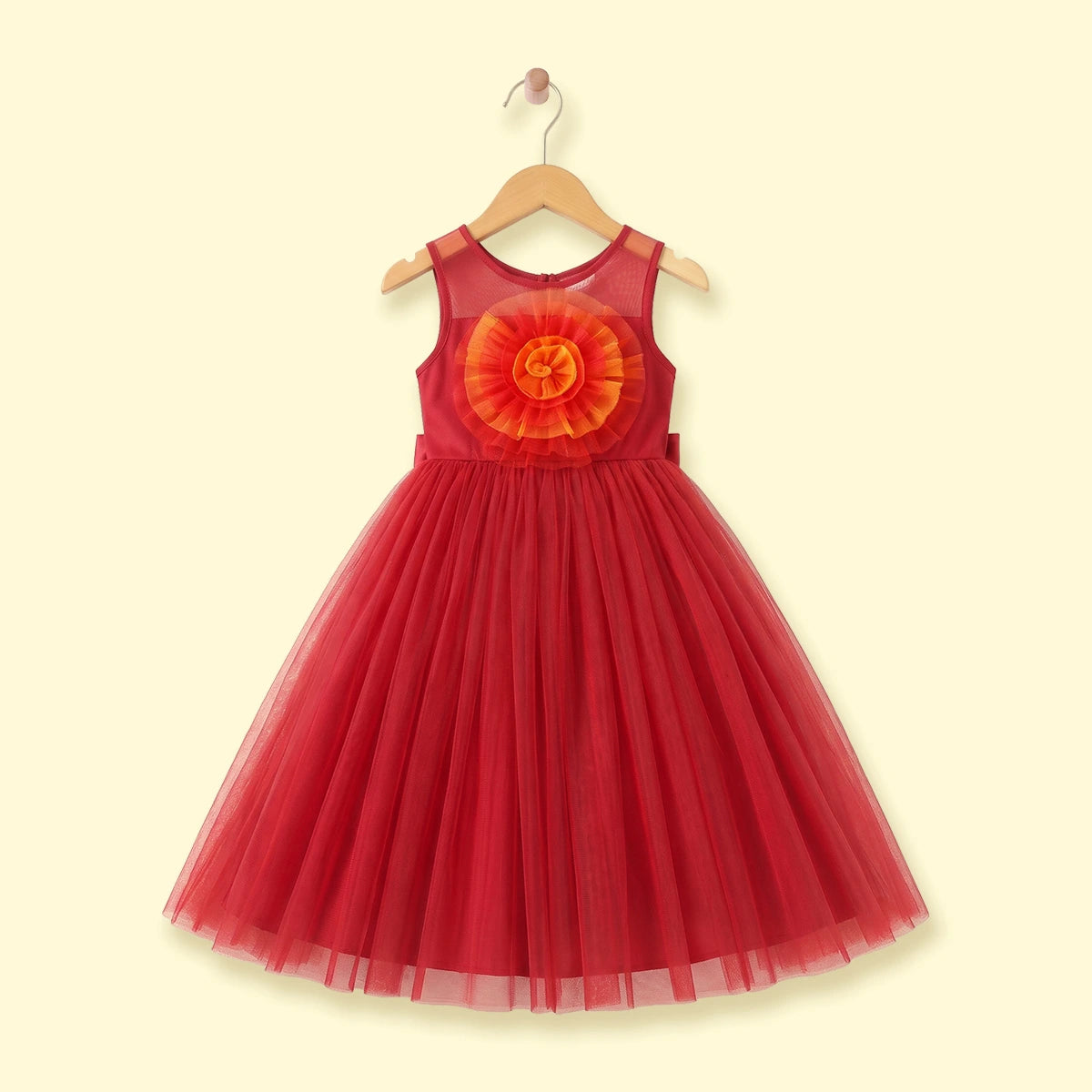 Girls red sleeveless party gown with tulle skirt and applique